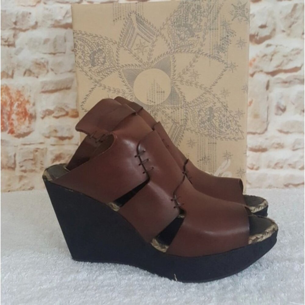 Free People Vachetta Rose wedge Leather Platform Sandals Brown Size 39-9